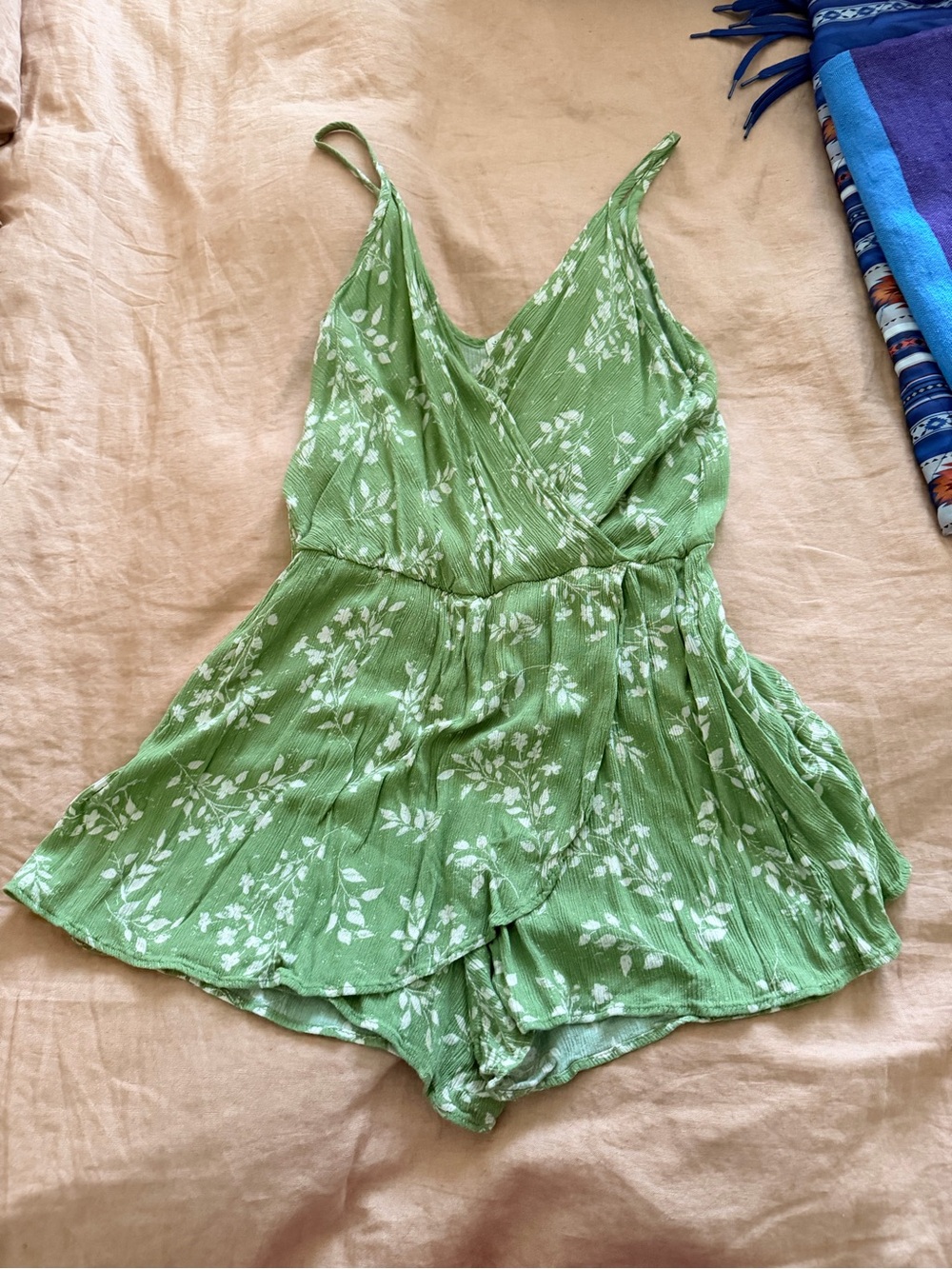 Sozy - Cali Romper - Green Floral Wrap Romper with Spaghetti Straps